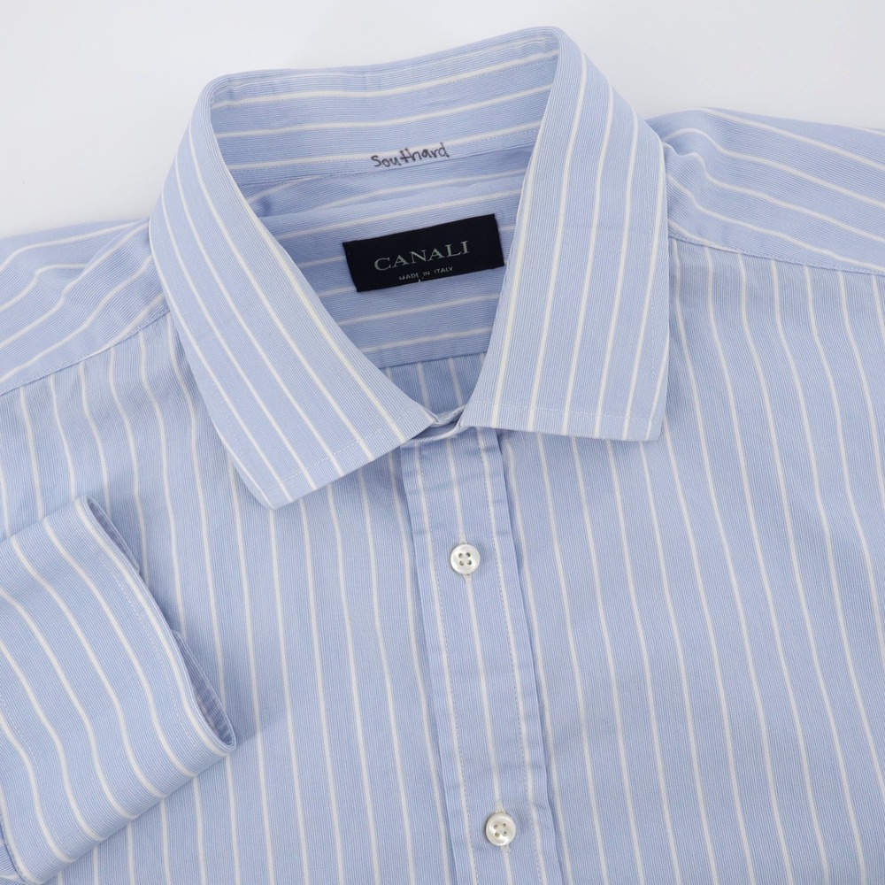 Canali Striped Button Down Shirt Blue Long Sleeve Dress Shirt Mens 17.5 XL